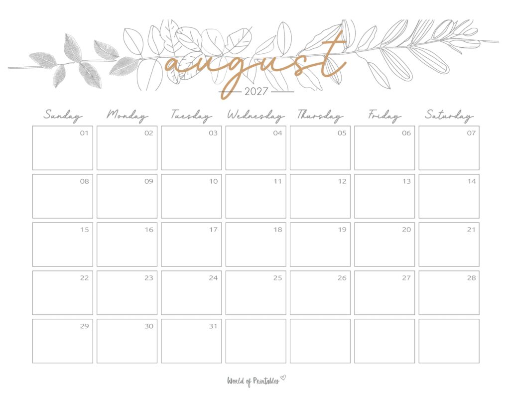 Printable August 2027 Calendar Design 250