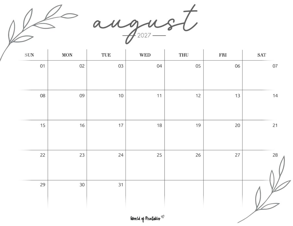 Printable August 2027 Calendar Design 255