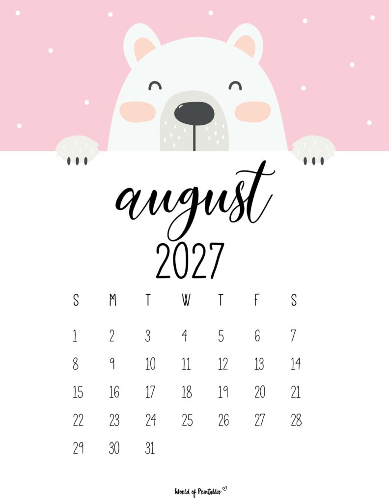 Printable August 2027 Calendar Design 30