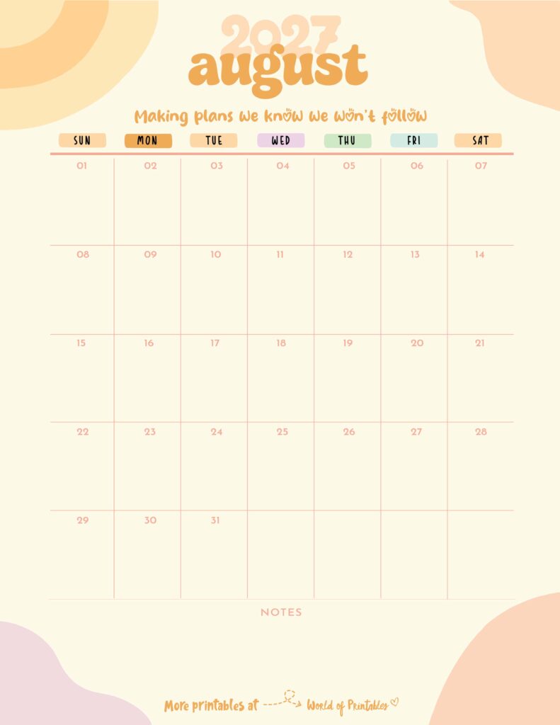 Printable August 2027 Calendar Design 300