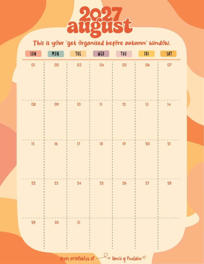 Printable August 2027 Calendar Design 303