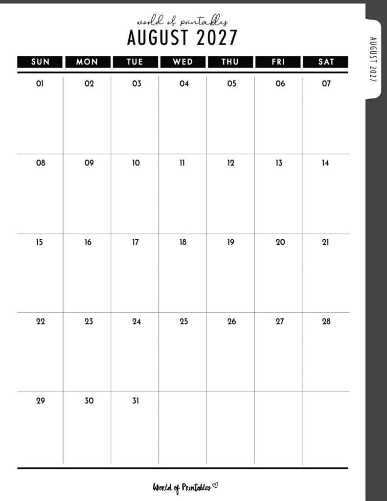Printable August 2027 Calendar Design 306