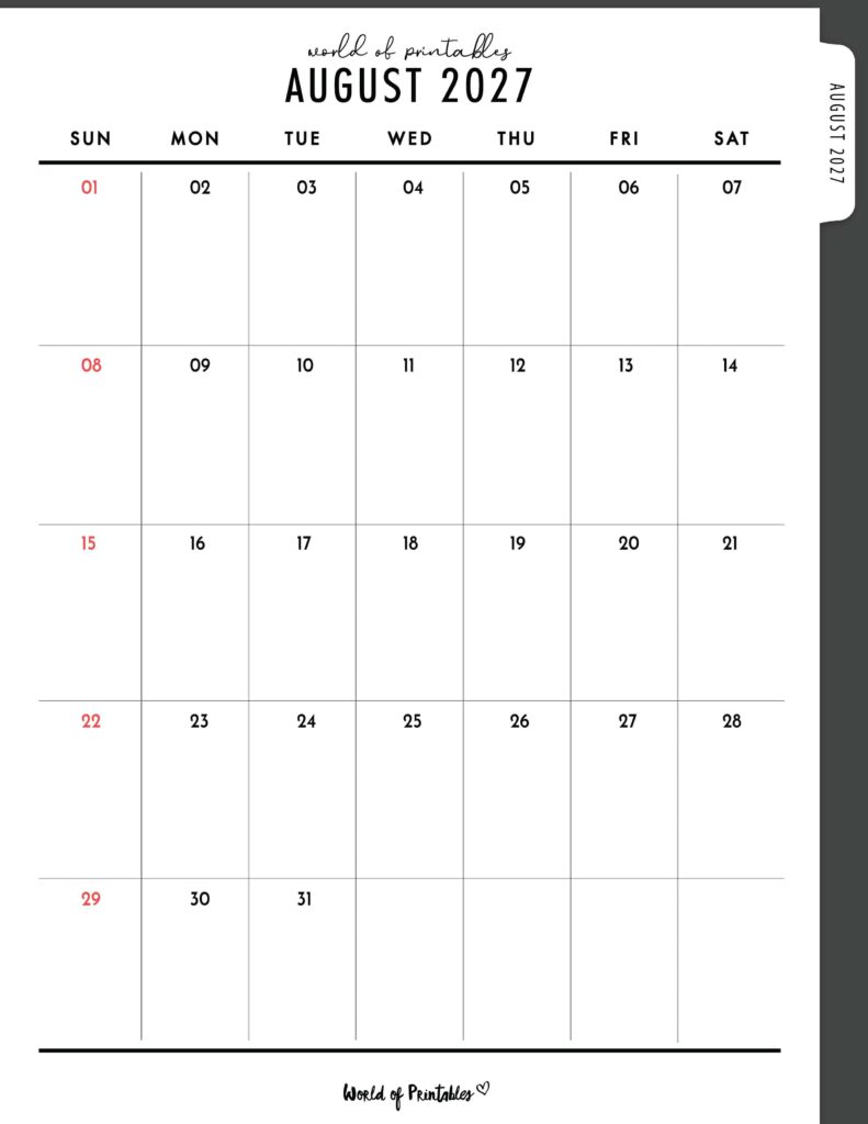 Printable August 2027 Calendar Design 307