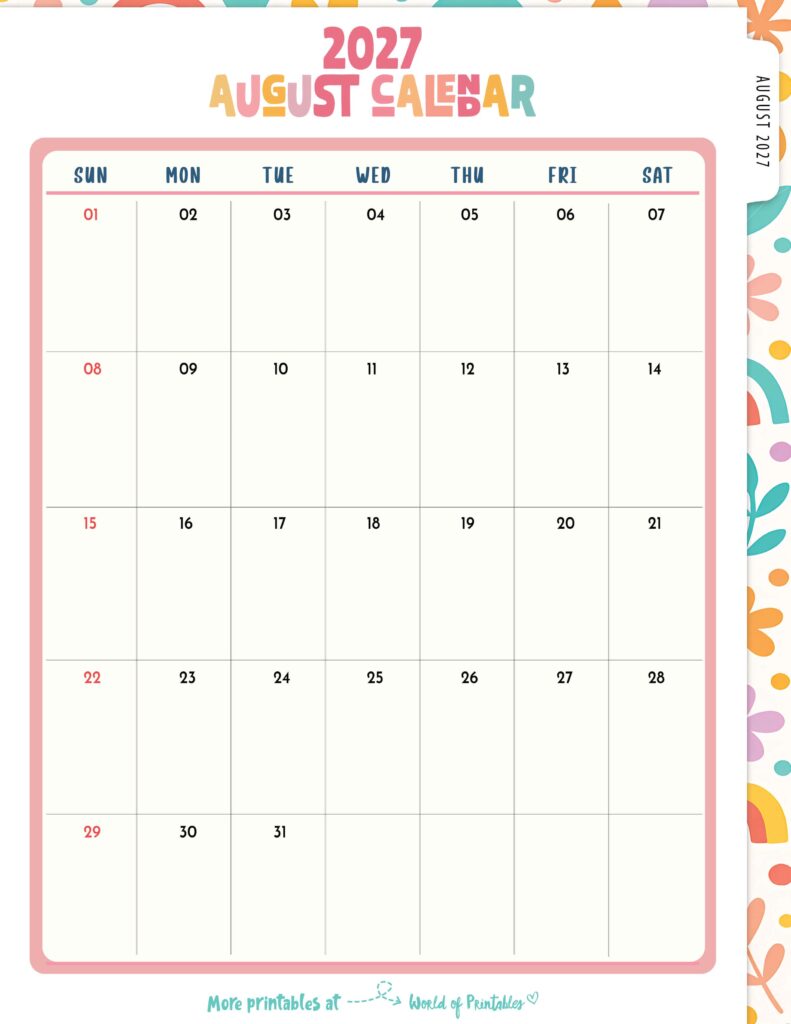 Printable August 2027 Calendar Design 310