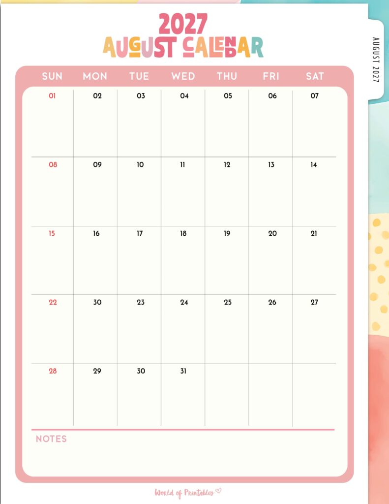 Printable August 2027 Calendar Design 311