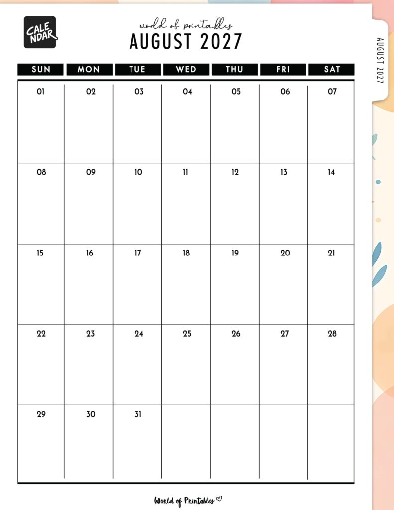 Printable August 2027 Calendar Design 312