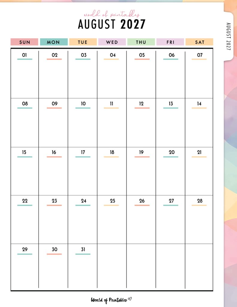 Printable August 2027 Calendar Design 313