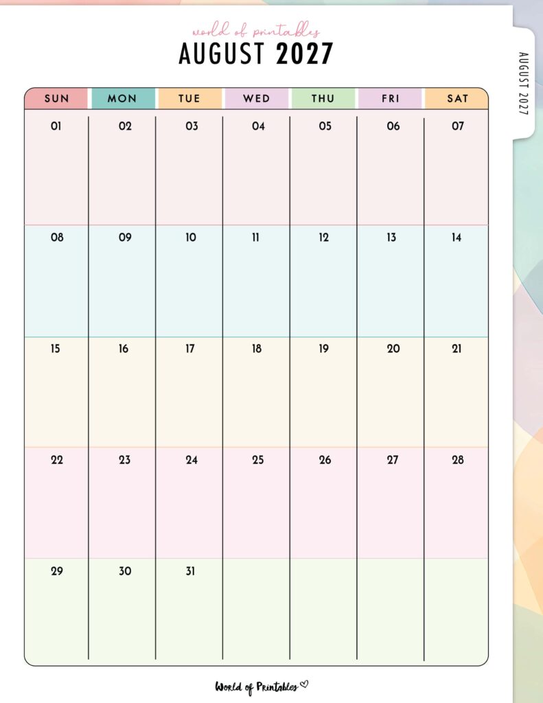 Printable August 2027 Calendar Design 315