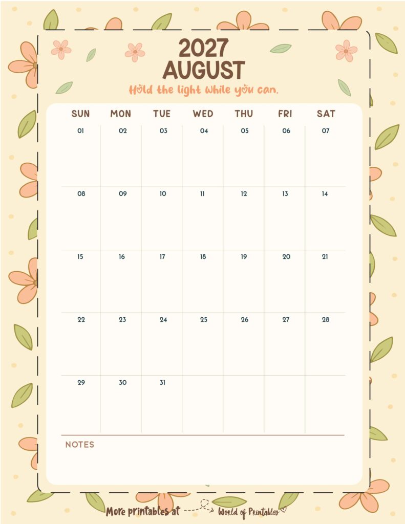 Printable August 2027 Calendar Design 327