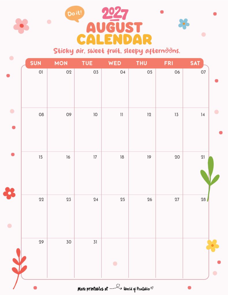 Printable August 2027 Calendar Design 330