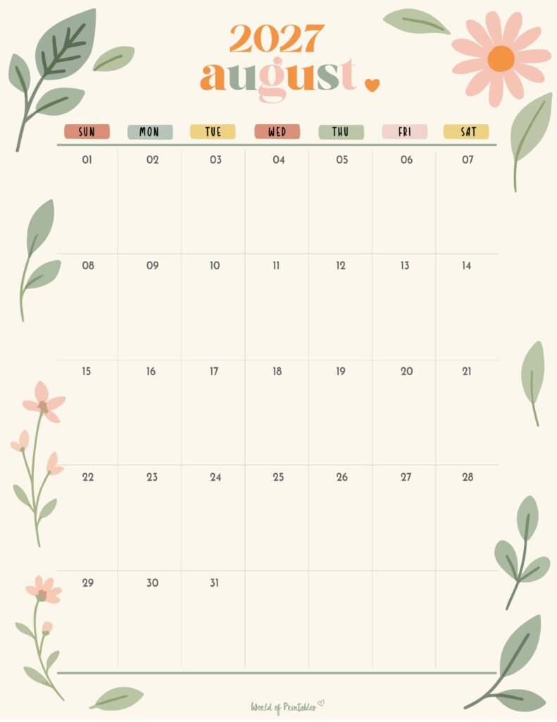Printable August 2027 Calendar Design 345