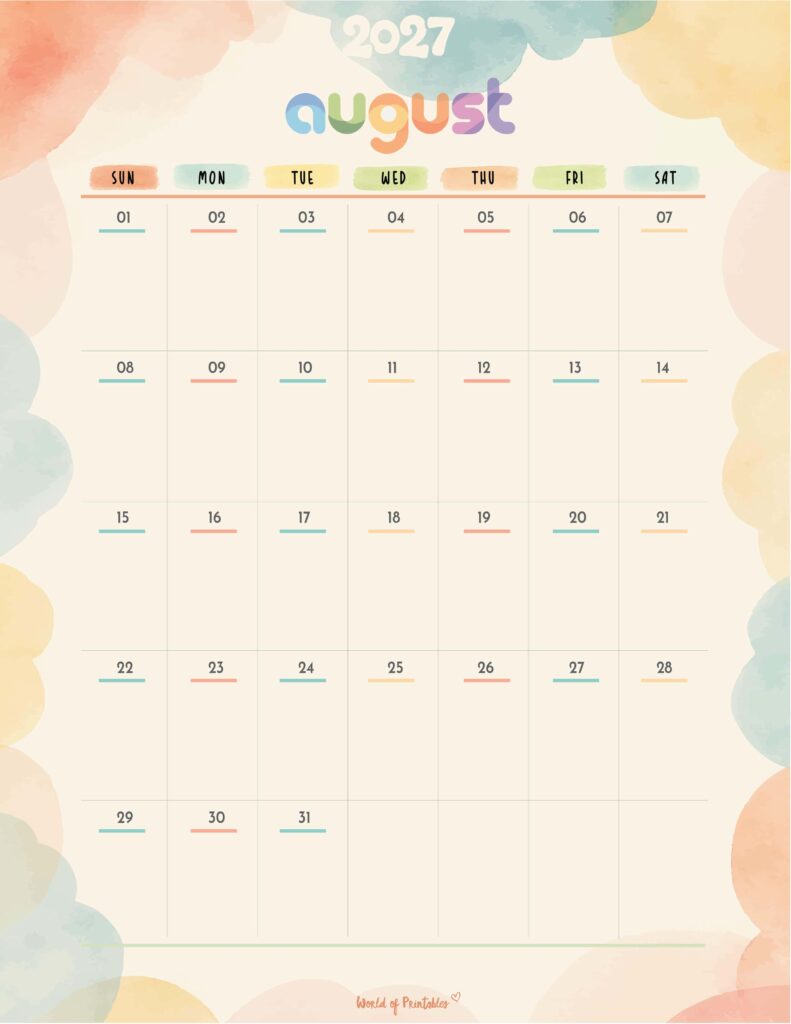 Printable August 2027 Calendar Design 346