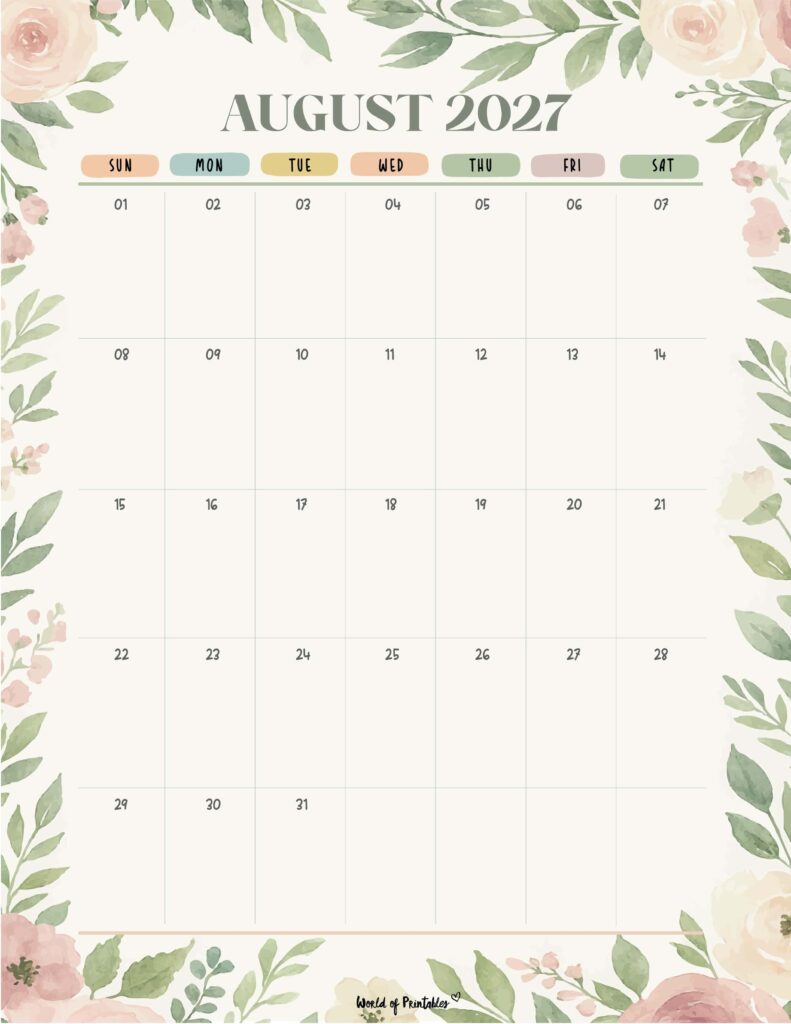 Printable August 2027 Calendar Design 348