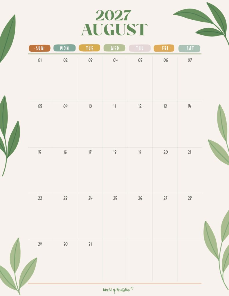 Printable August 2027 Calendar Design 354