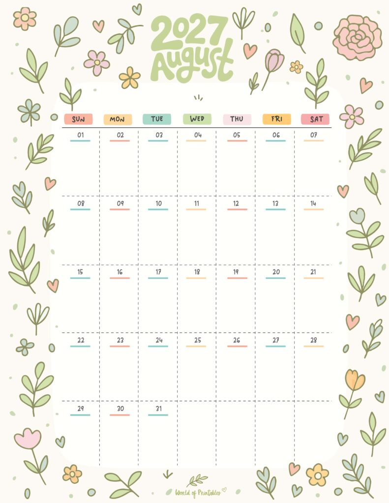 Printable August 2027 Calendar Design 357
