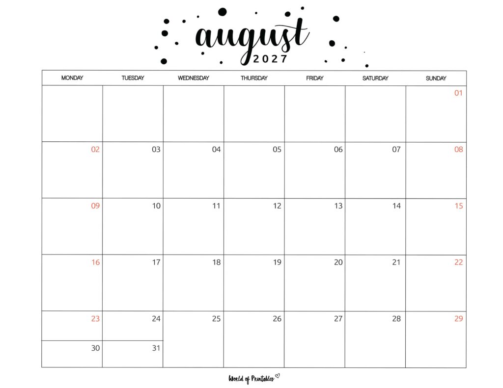 Printable August 2027 Calendar Design 67