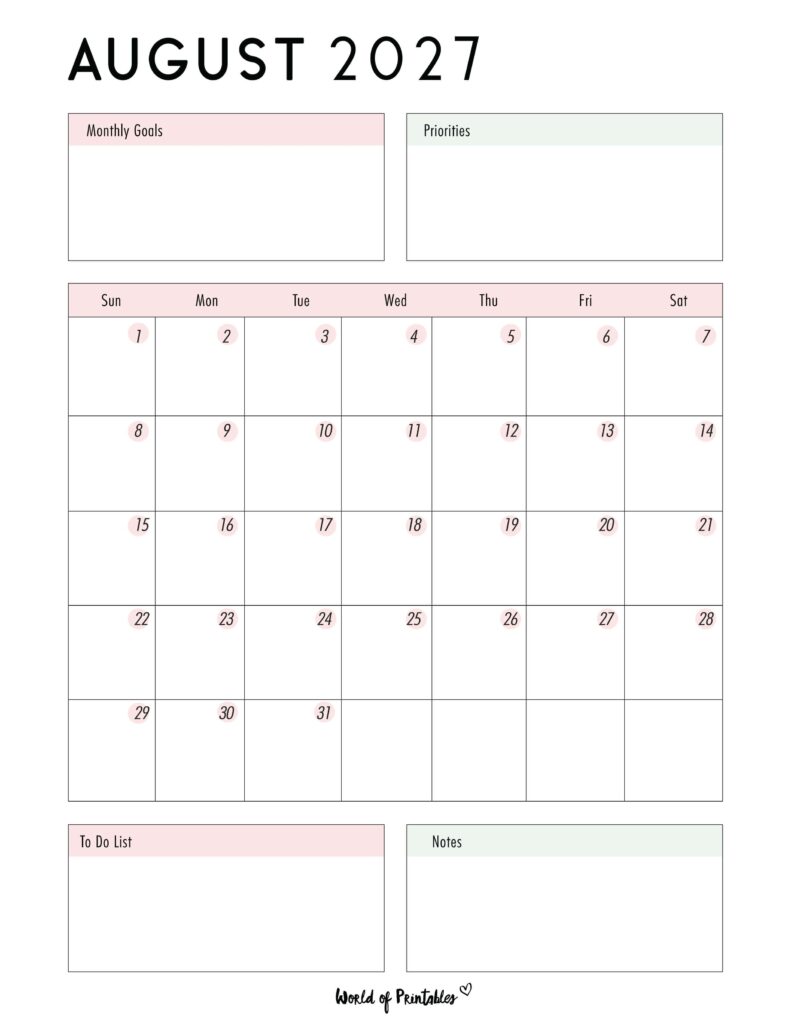Printable August 2027 Calendar Design 86