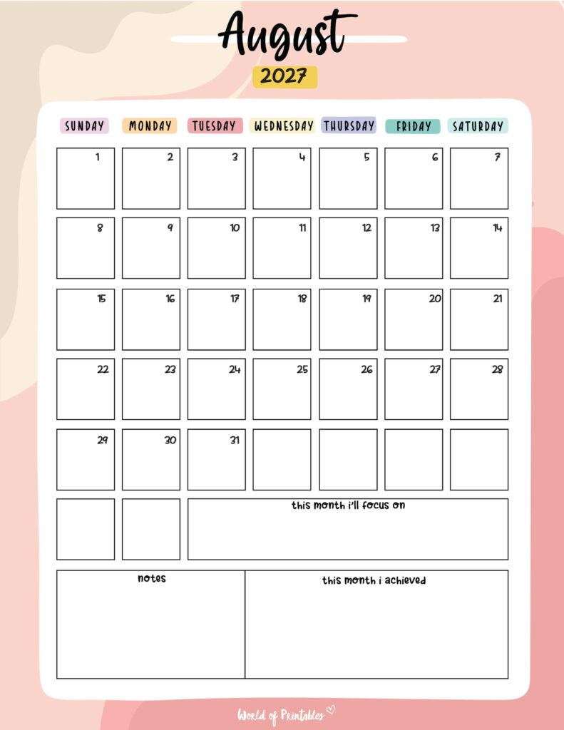 Printable August 2027 Calendar Design 89
