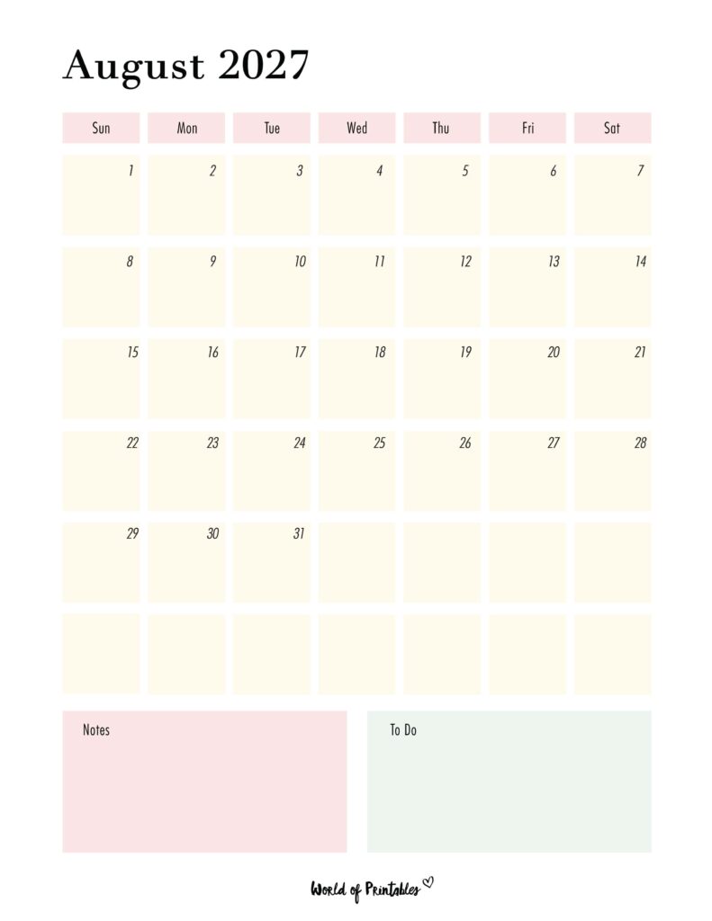 Printable August 2027 Calendar Design 96