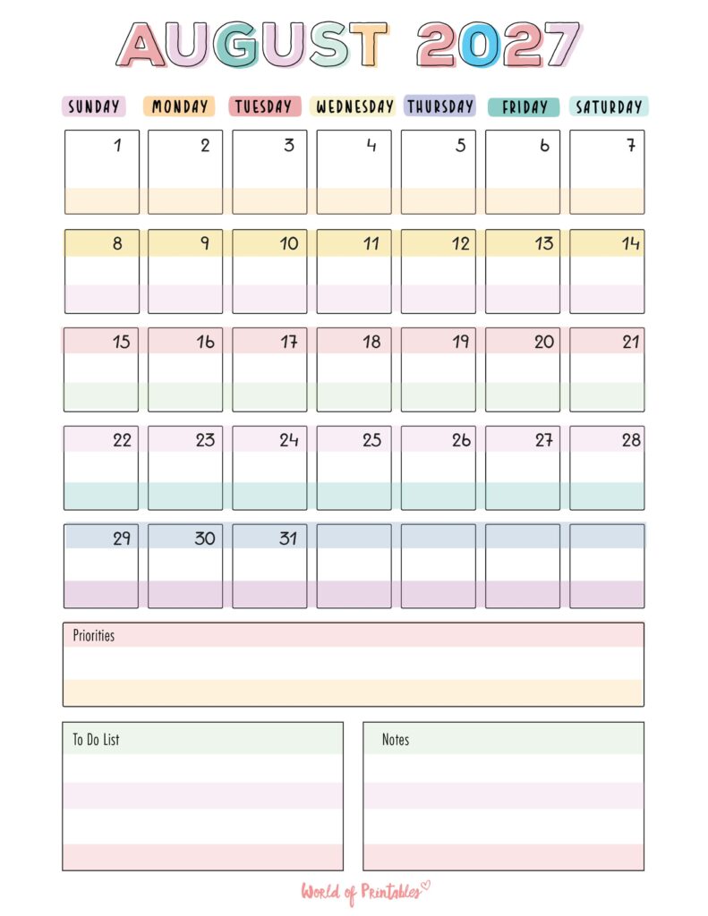 Printable August 2027 Calendar Design 98