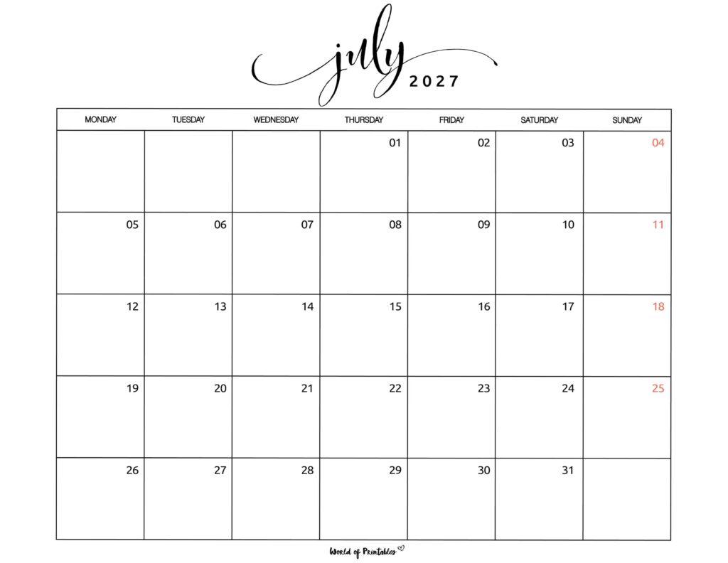 Printable July 2027 Calendar Design 1