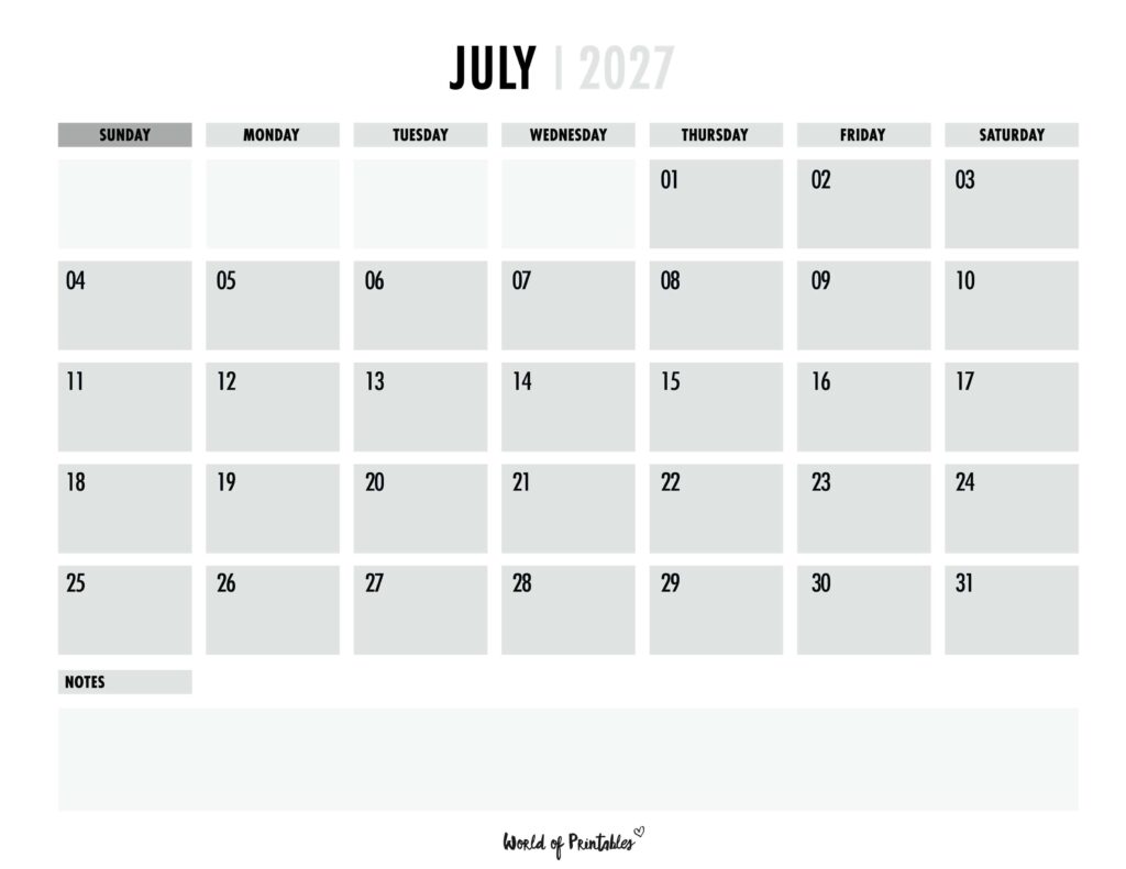 Printable July 2027 Calendar Design 101