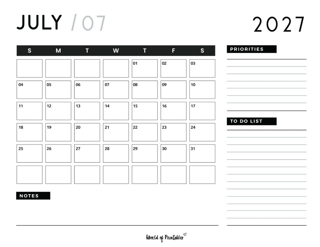 Printable July 2027 Calendar Design 107