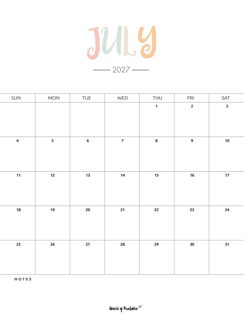 Printable July 2027 Calendar Design 205