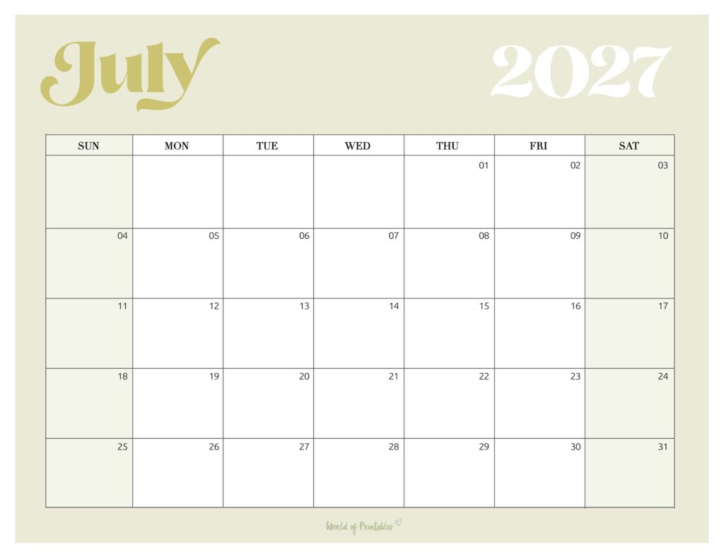 Printable July 2027 Calendar Design 207