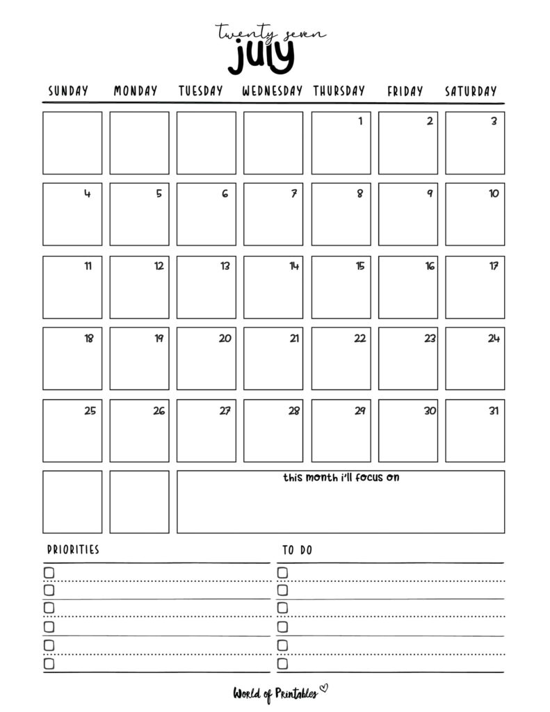 Printable July 2027 Calendar Design 214