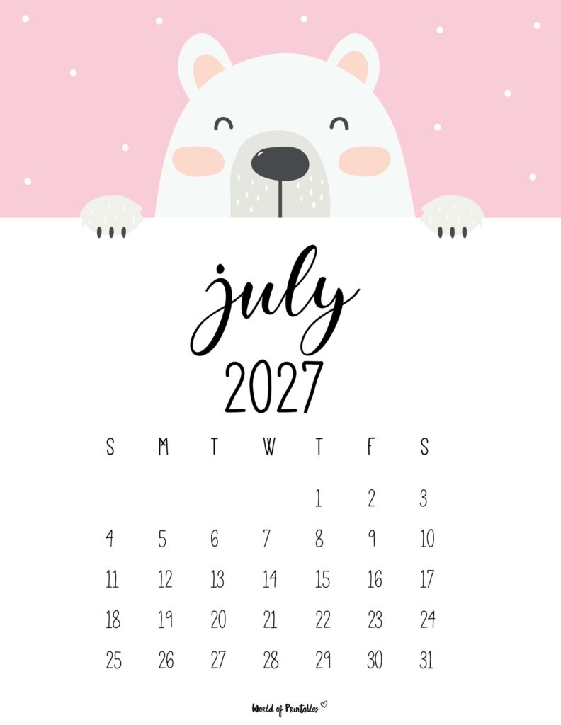 Printable July 2027 Calendar Design 30