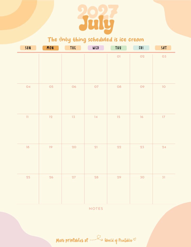 Printable July 2027 Calendar Design 300