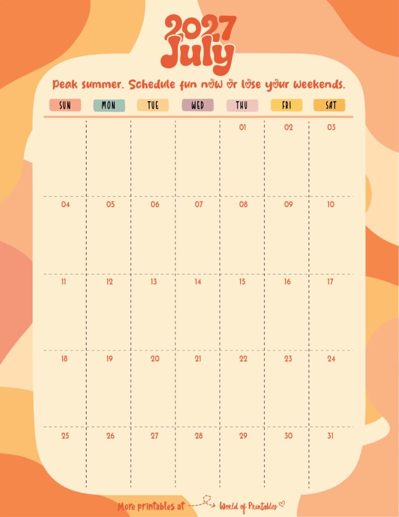 Printable July 2027 Calendar Design 303