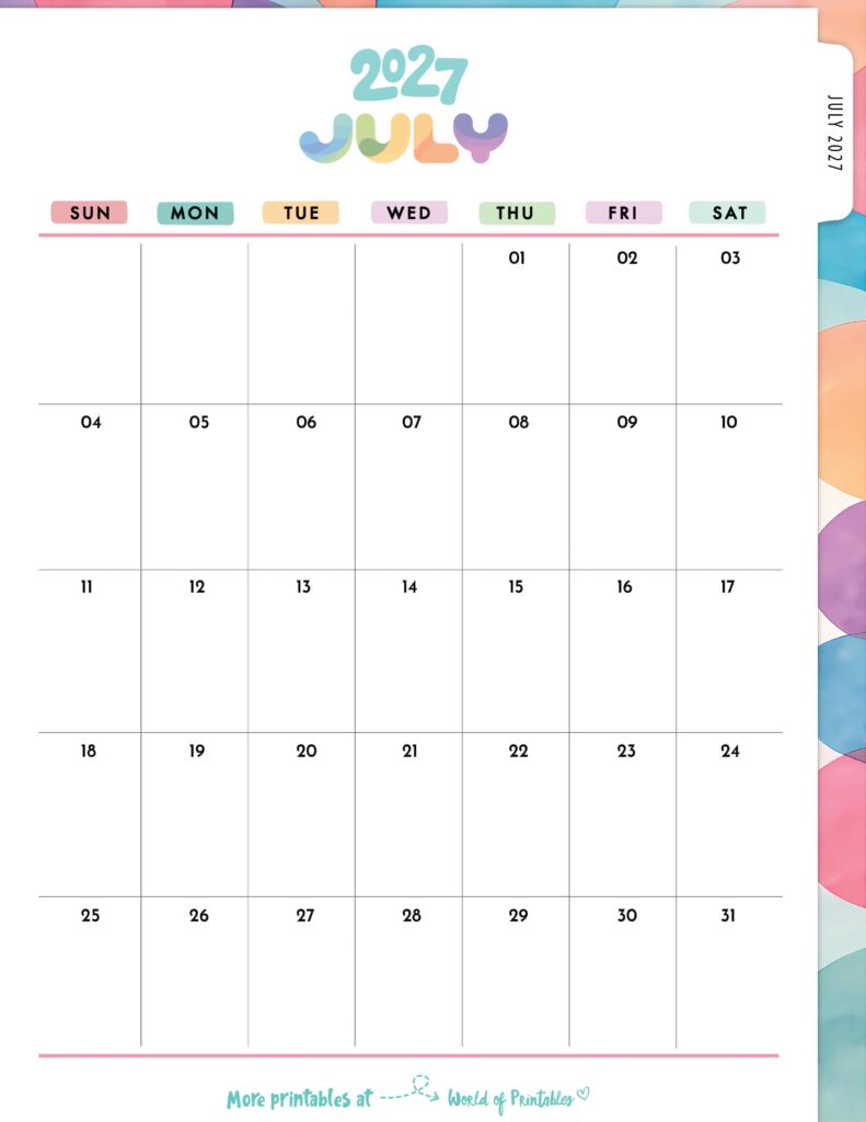 Printable July 2027 Calendar Design 309