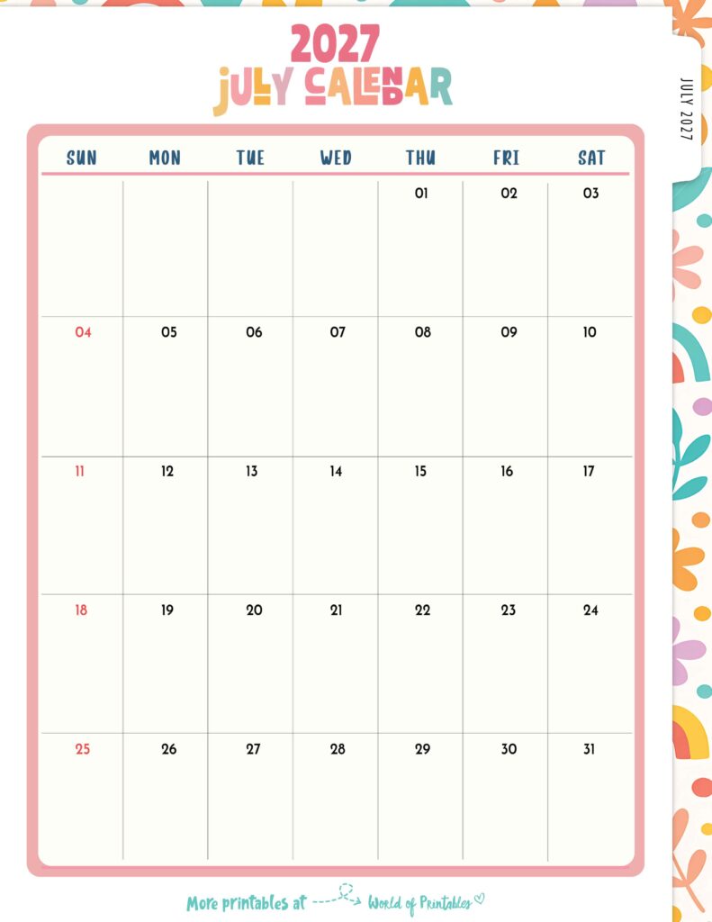 Printable July 2027 Calendar Design 310