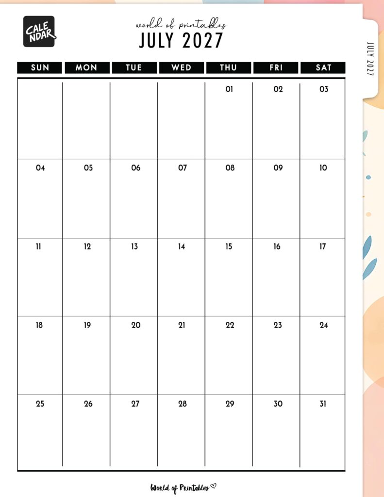 Printable July 2027 Calendar Design 312