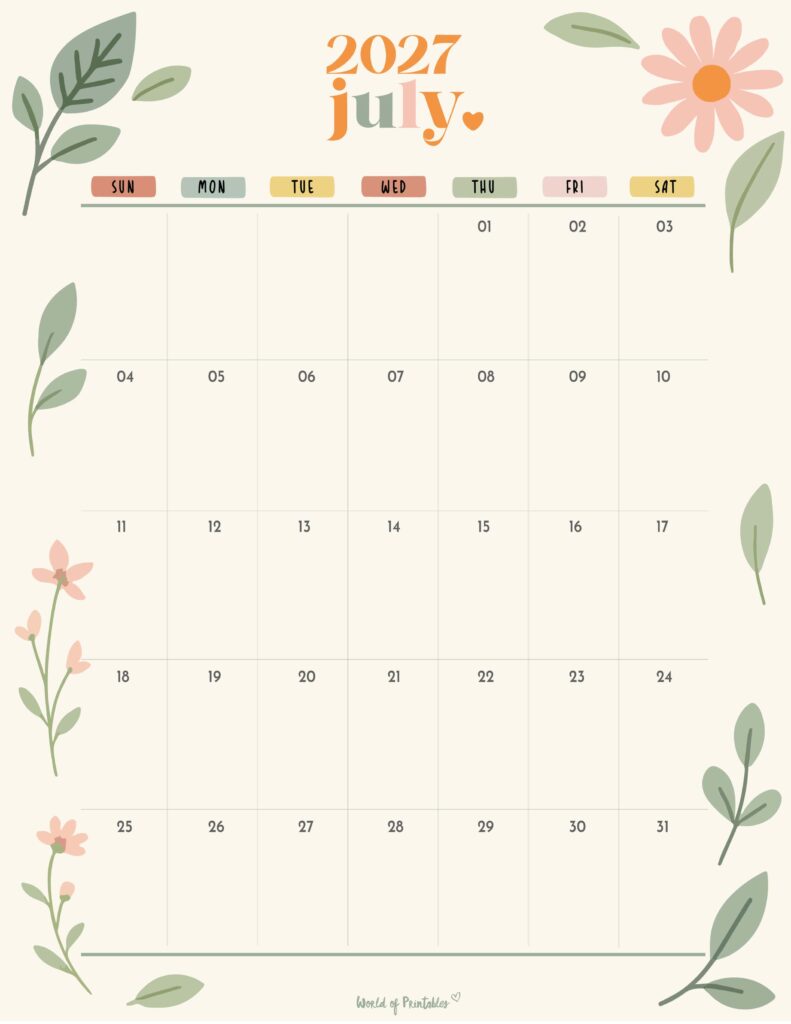 Printable July 2027 Calendar Design 345
