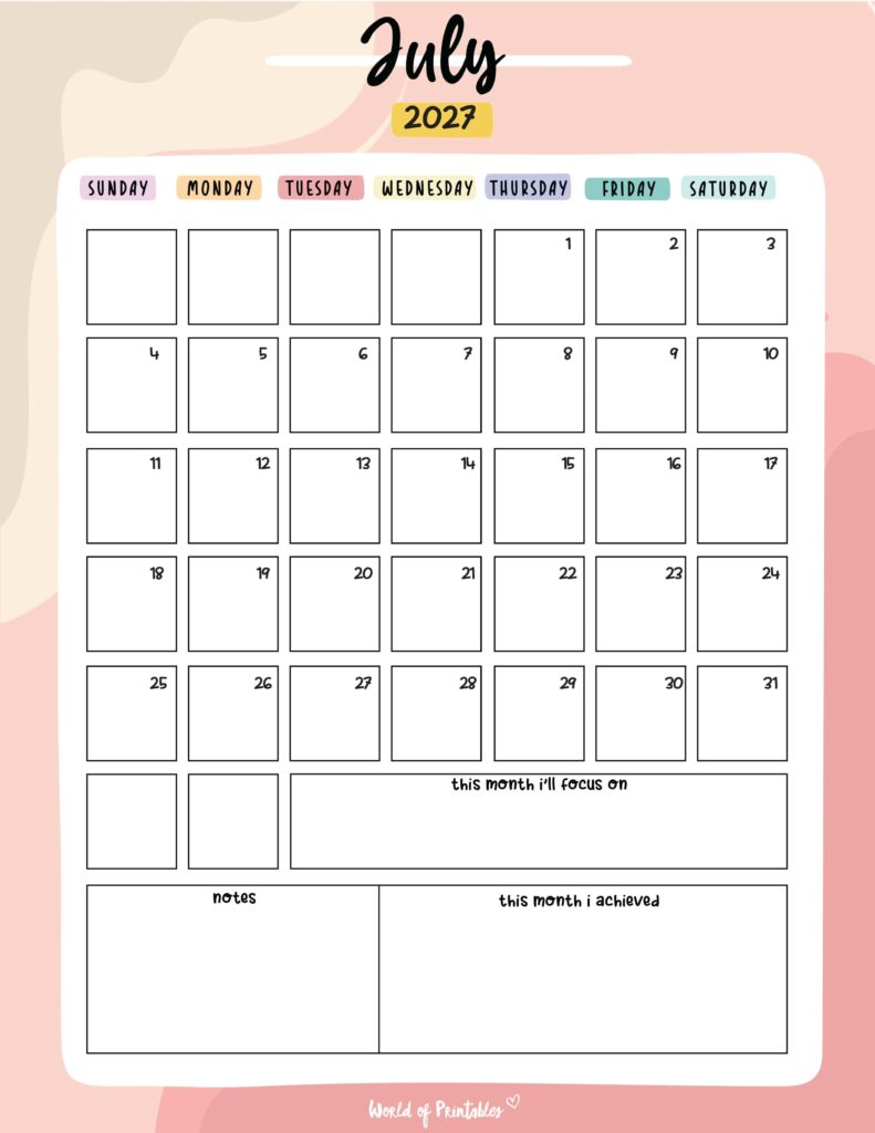 Printable July 2027 Calendar Design 89
