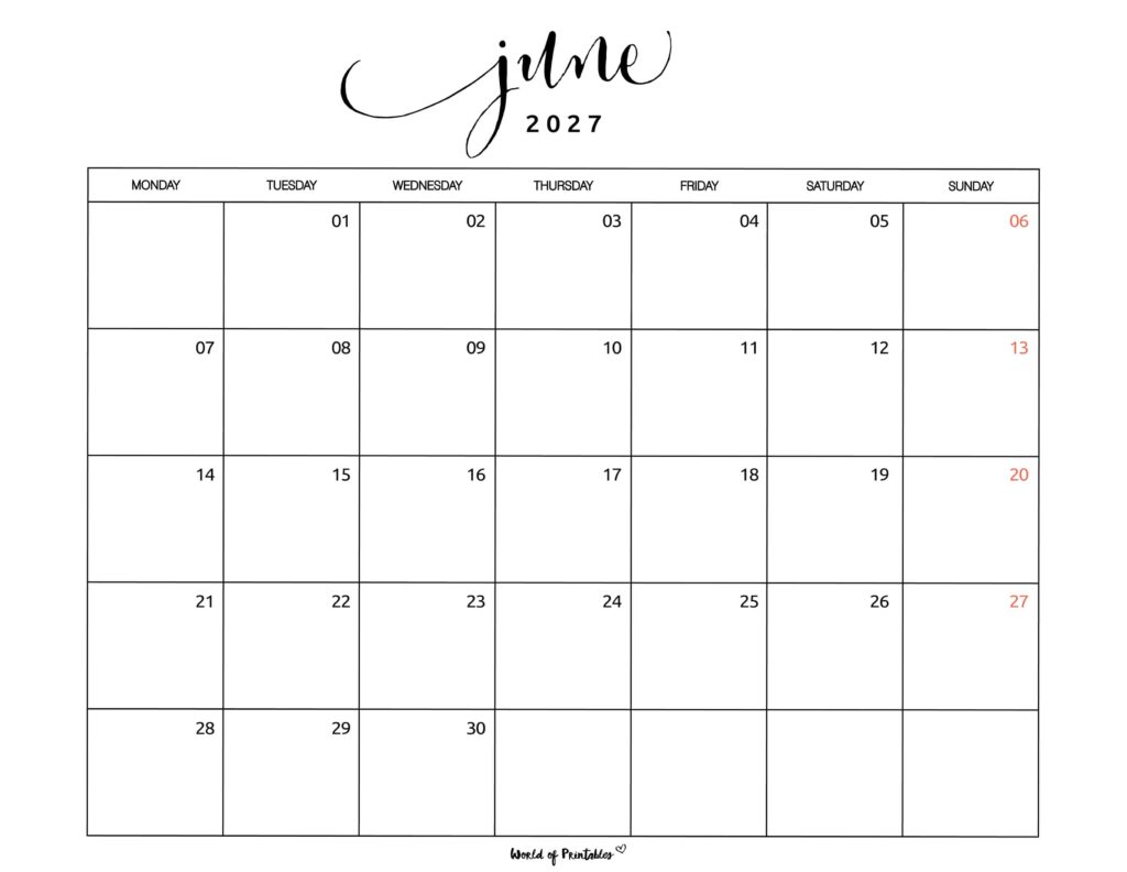 Printable June 2027 Calendar Design 1