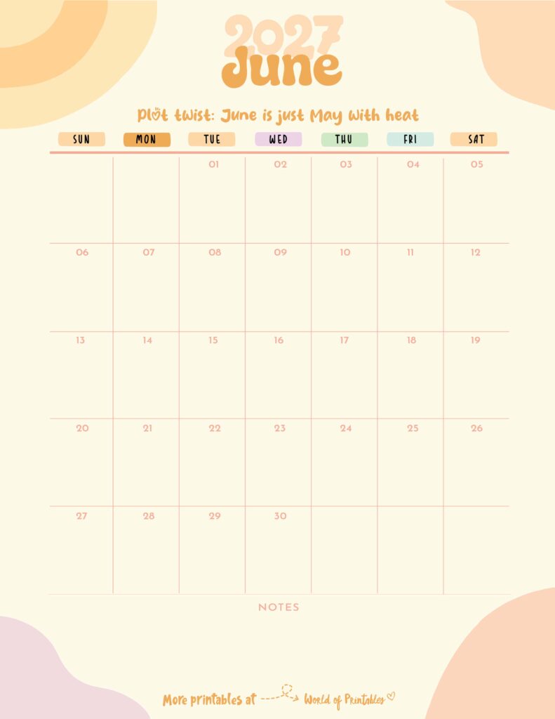 Printable June 2027 Calendar Design 300