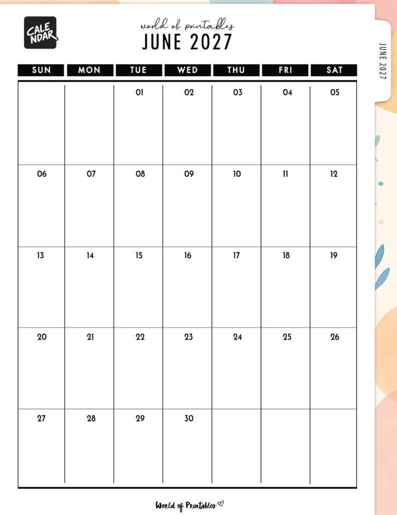 Printable June 2027 Calendar Design 312