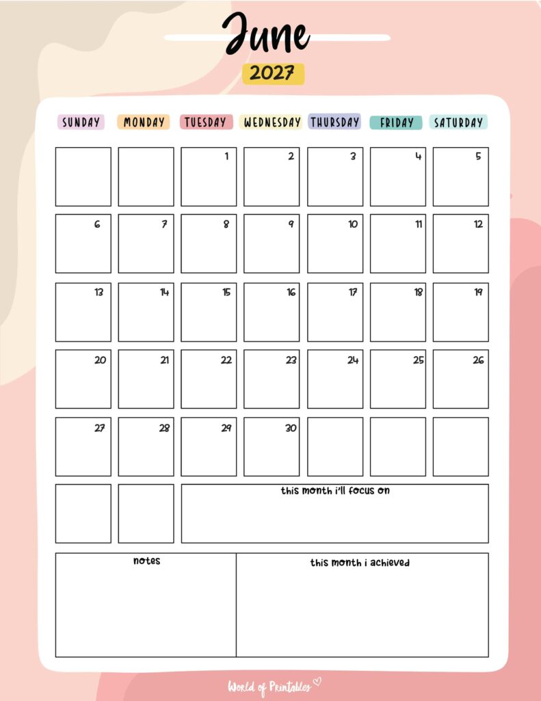 Printable June 2027 Calendar Design 89