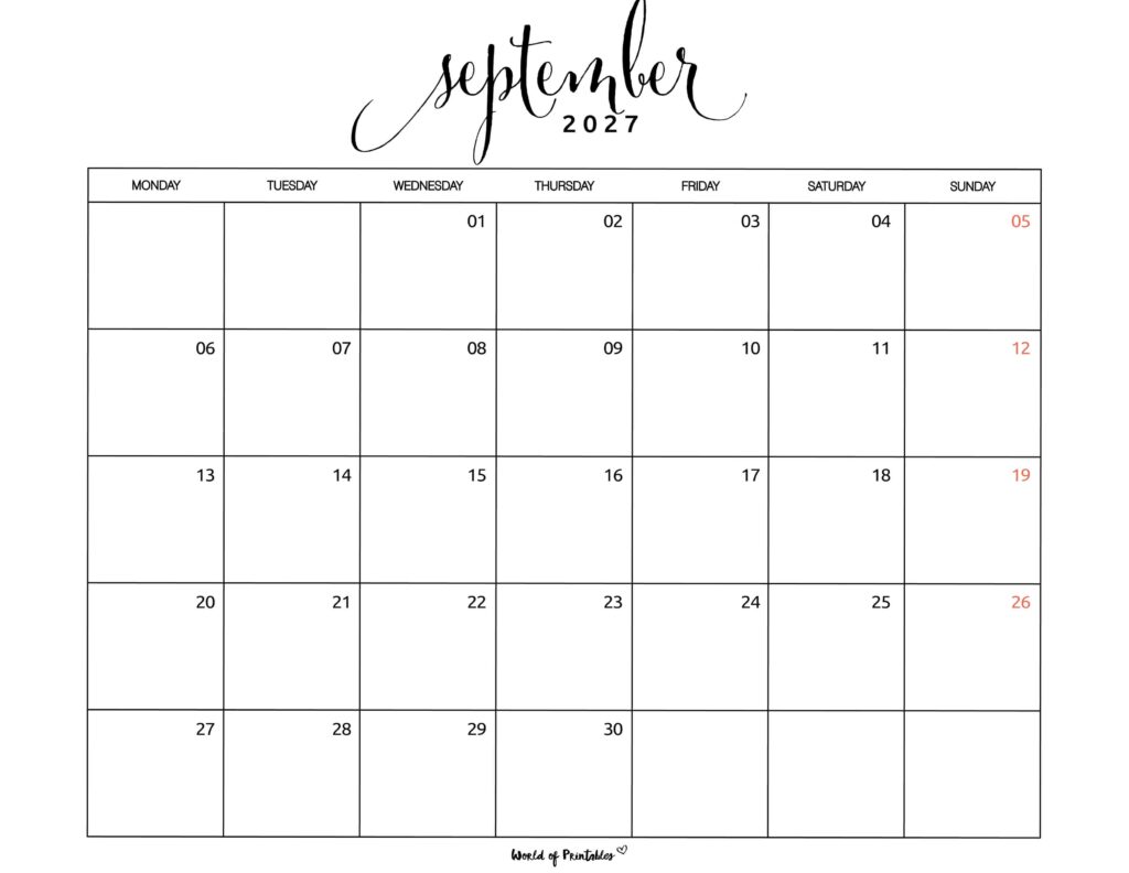 Printable September 2027 Calendar Design 1