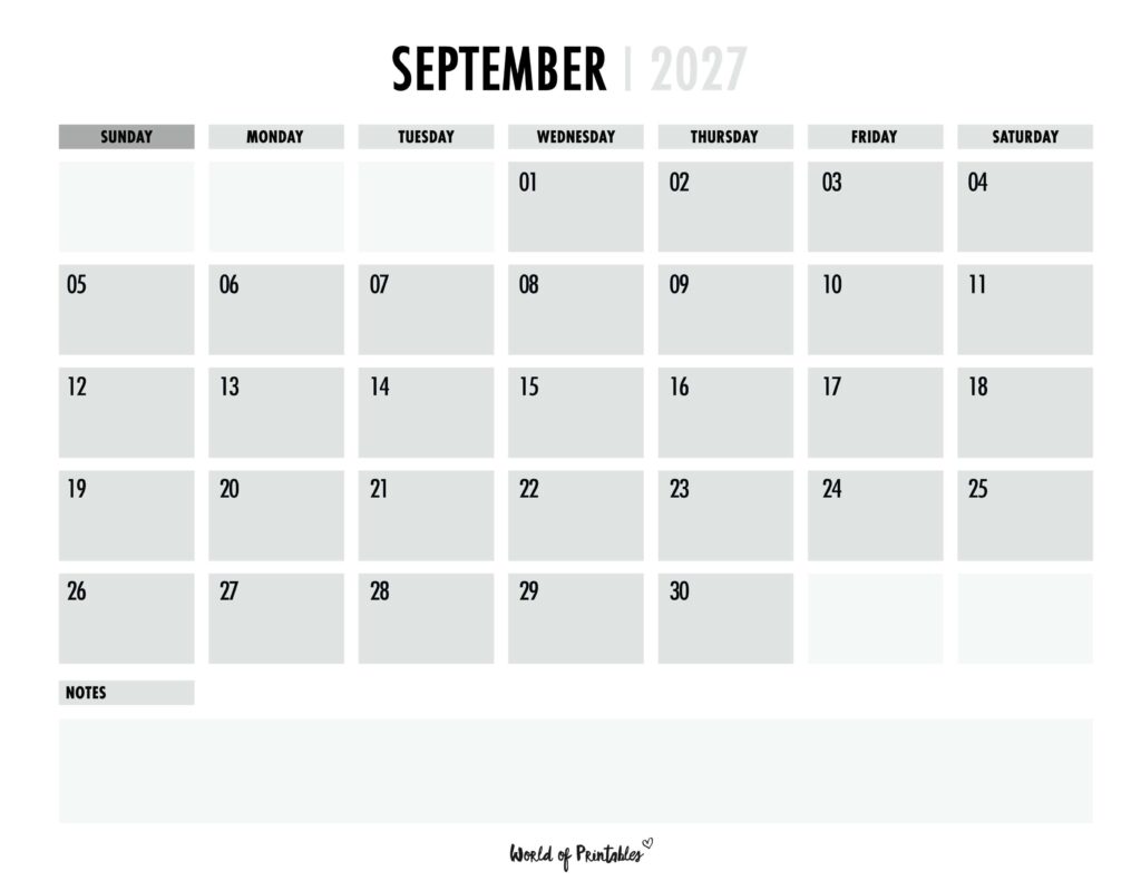Printable September 2027 Calendar Design 101