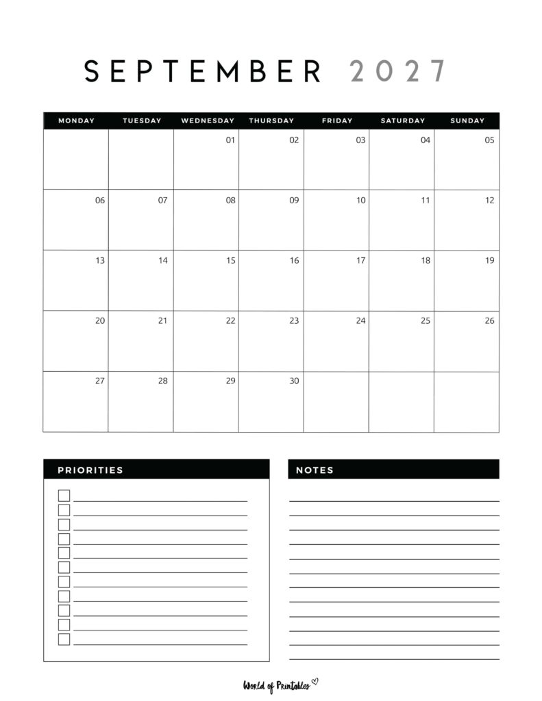 Printable September 2027 Calendar Design 123