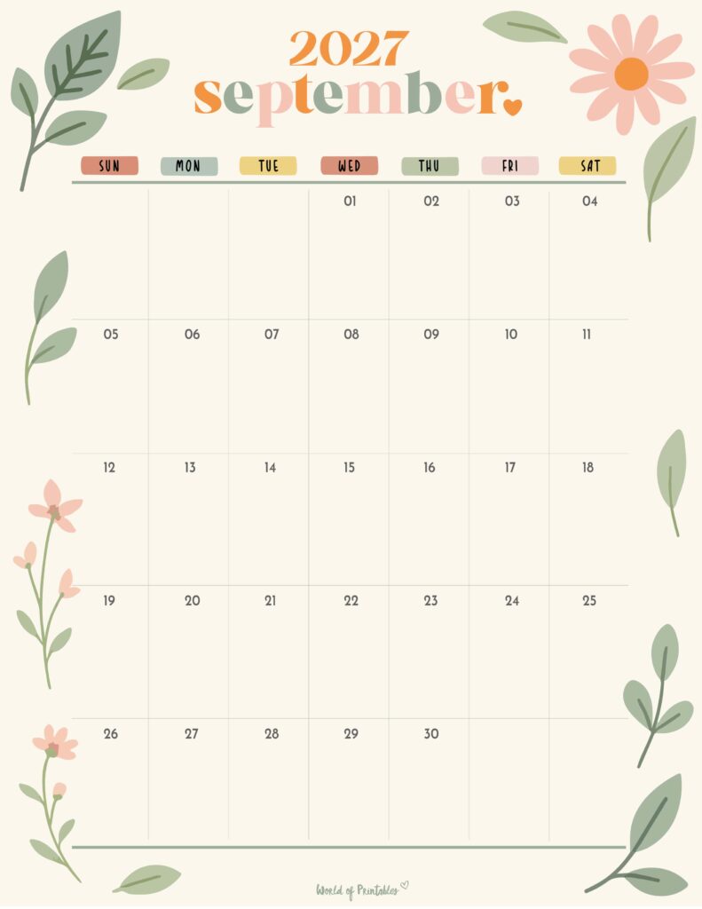 Printable September 2027 Calendar Design 345