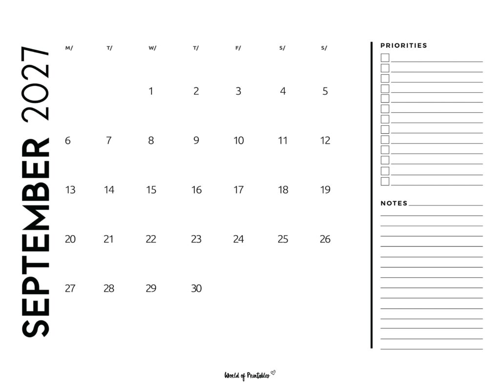 Printable September 2027 Calendar Design 68