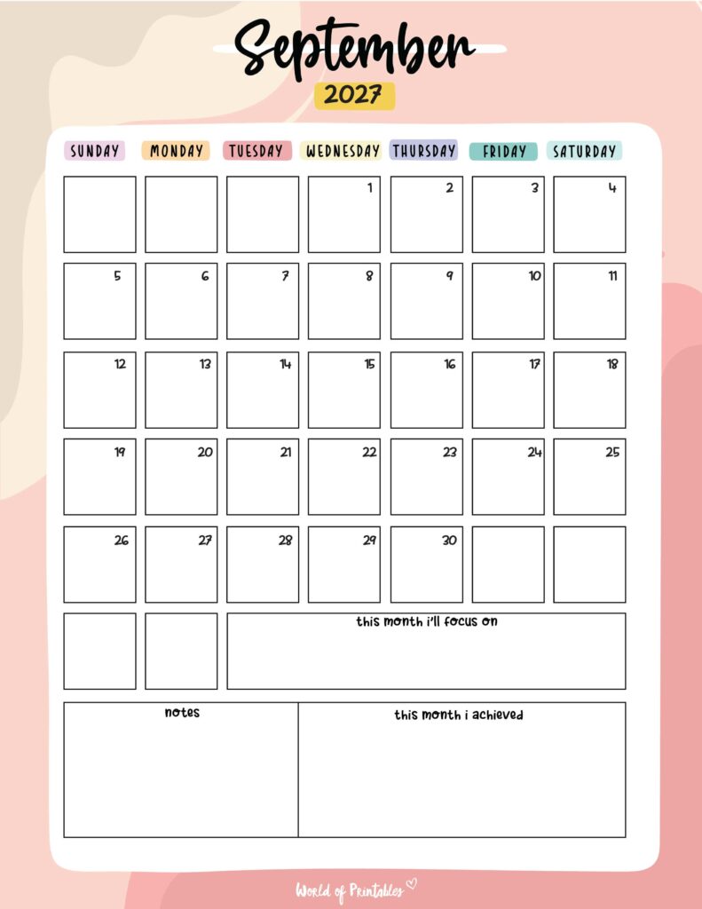 Printable September 2027 Calendar Design 89